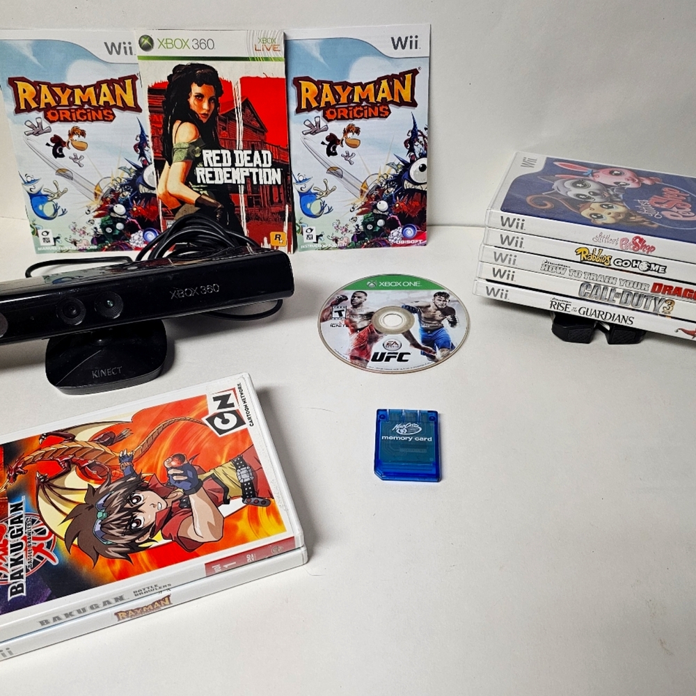 Wii Game lot, plus Xbox 360 Kinect, UFC game For Xbox One, PS1 Memory Card, more